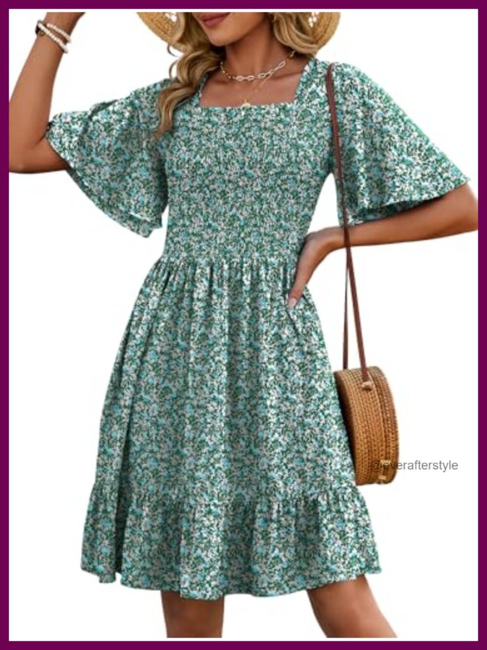 Women's Floral A-Line Mini Dress Flutter Sleeve Square Neck Smocked Casual